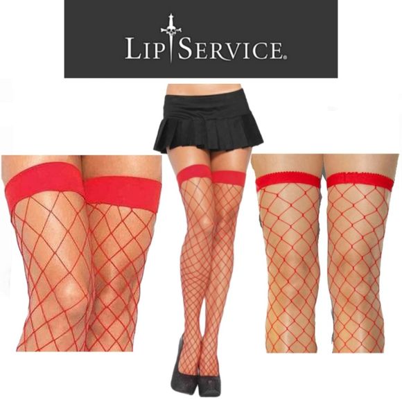 NIB Lip Service OS Red Fence Net Thigh High Tights - Picture 1 of 5